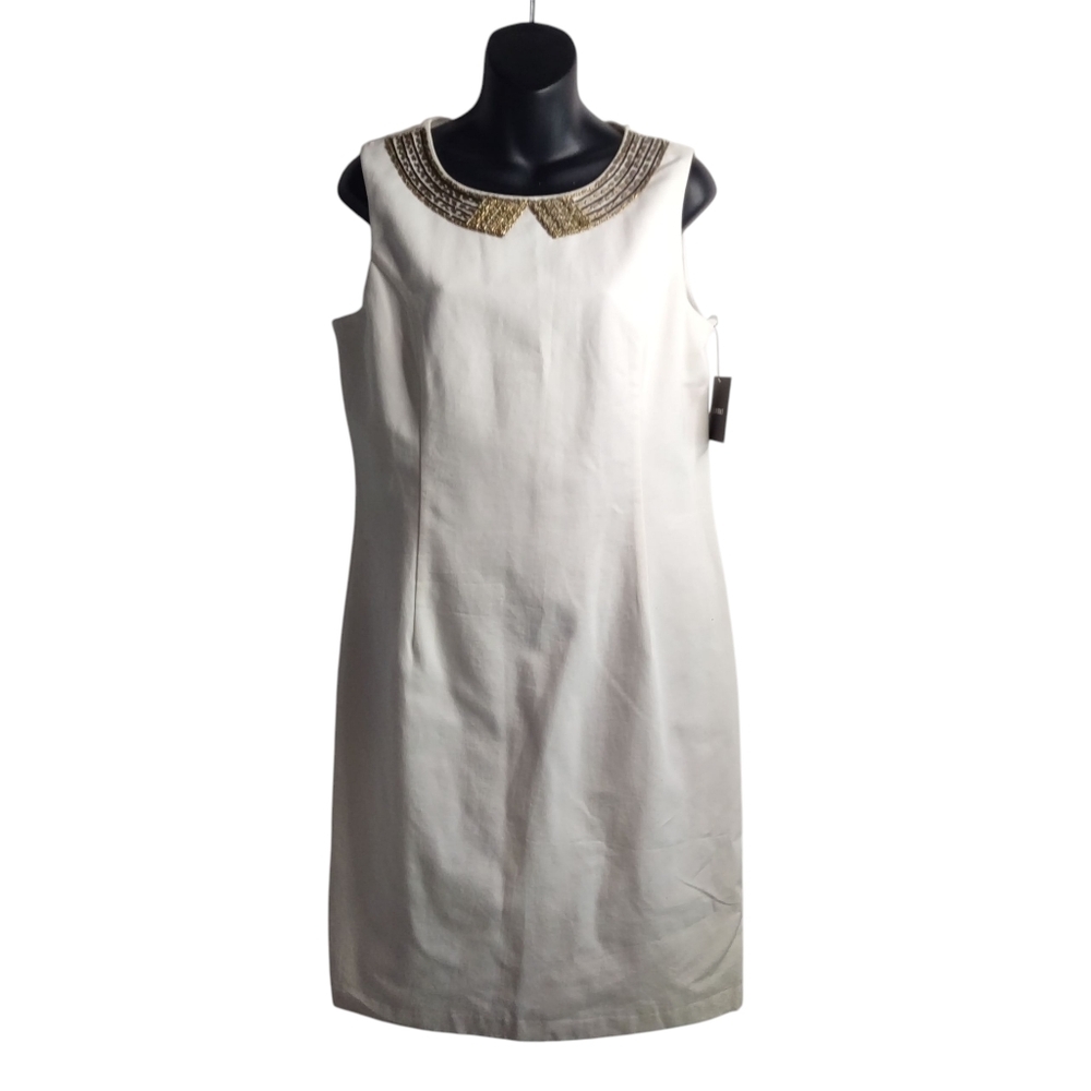 Ellen Tracy Gold Beaded White Sheath Dress Sleeveless Women's Size 10 NWT